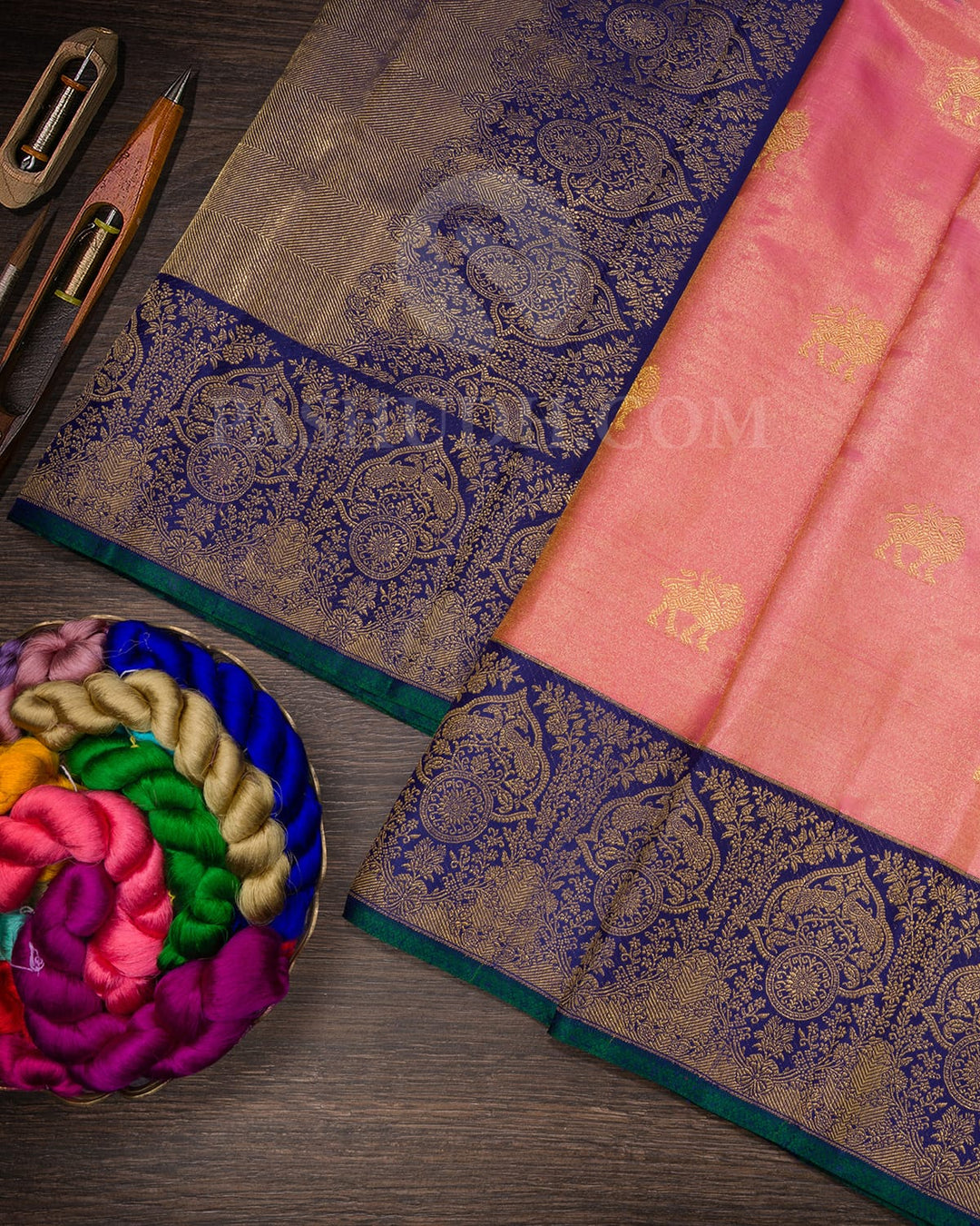 Baby Pink With Cobalt Blue Shimmer Kanjivaram Silk Saree-S1605(A)