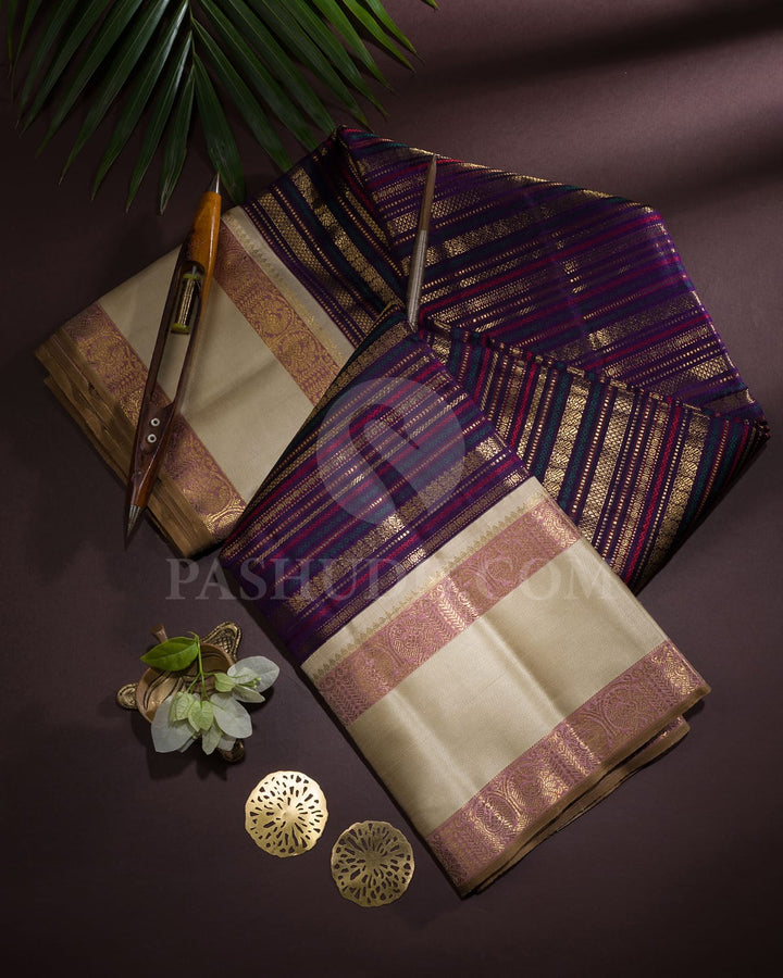 Royal Purple And Half White Kanjivaram Silk Saree-S1484(E)