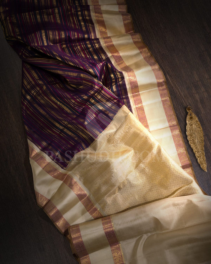 Royal Purple And Half White Kanjivaram Silk Saree-S1484(E)
