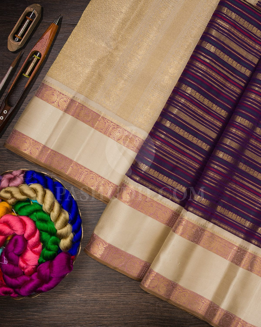 Royal Purple And Half White Kanjivaram Silk Saree-S1484(E)