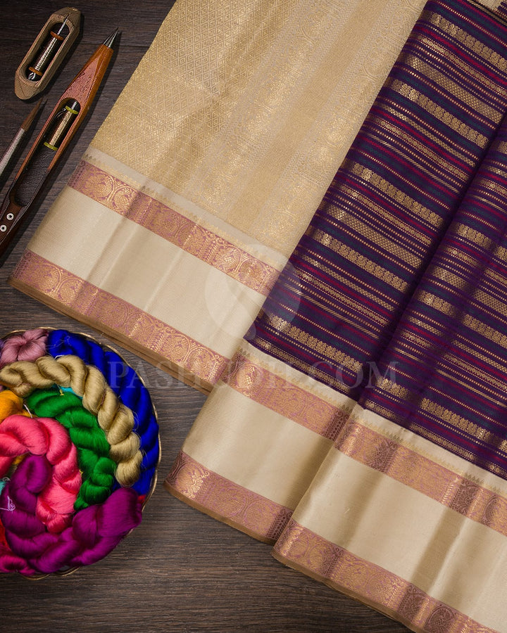 Royal Purple And Half White Kanjivaram Silk Saree-S1484(E)