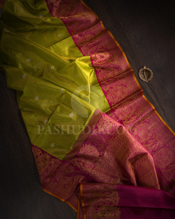 Parrot Green With Magenta Shimmer Kanjivaram Silk Saree-S1612(A)