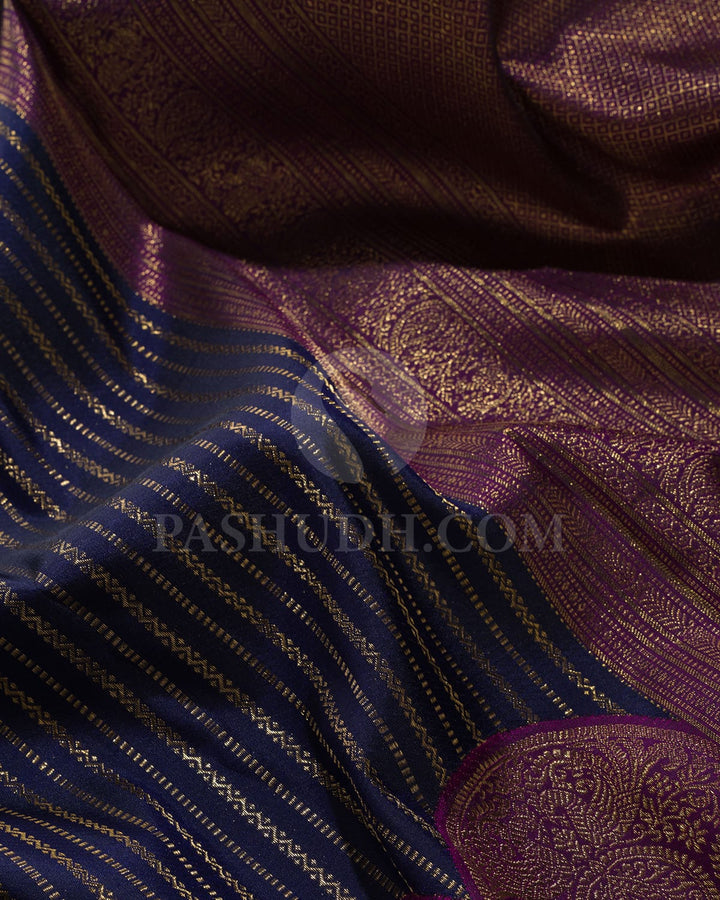 Navy Blue And Violet Kanjivaram Silk Saree-S1517(F)