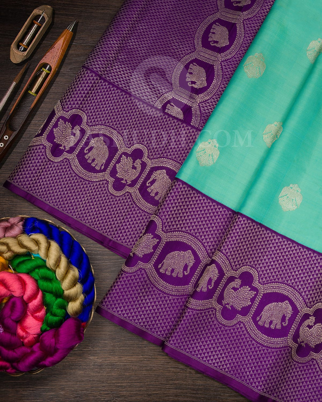 Sea Green With Violet Kanjivaram Silk Saree-S1585(B)
