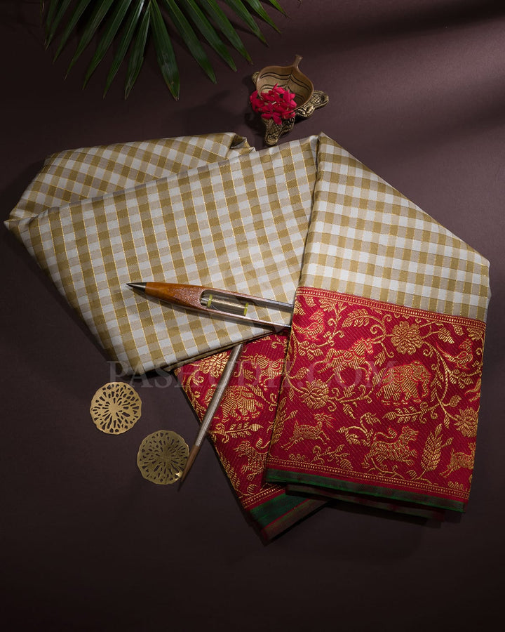 Half White,Beige And Maroon Kanjivaram Silk Saree-S1611(A)