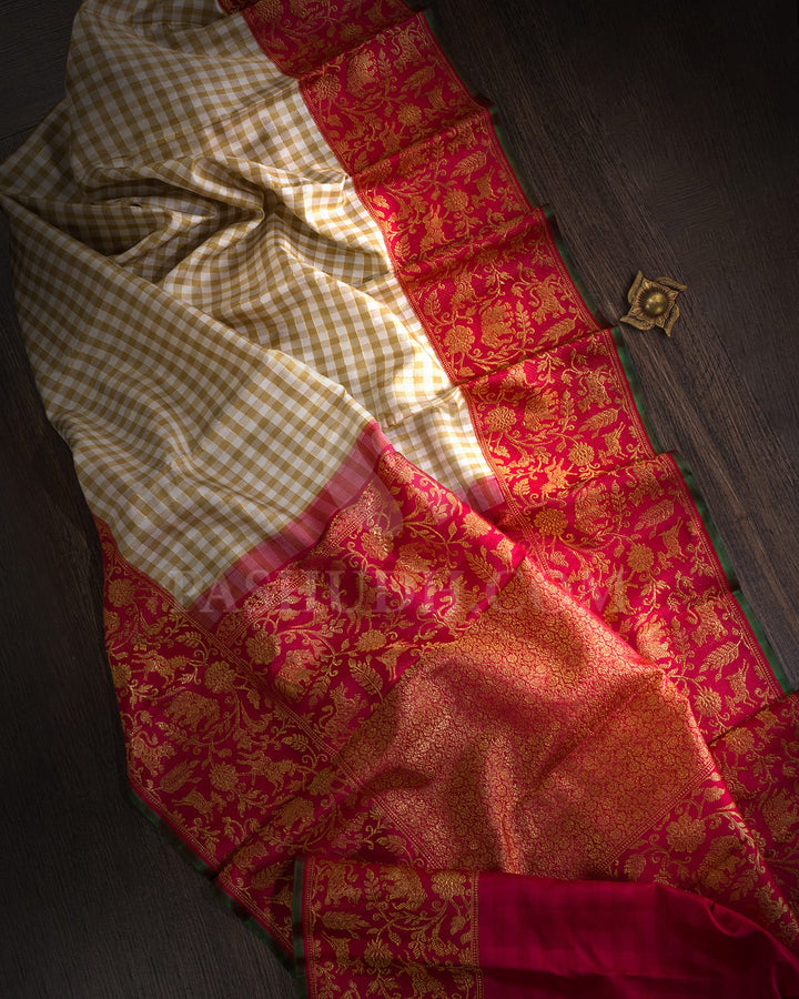 Half White,Beige And Maroon Kanjivaram Silk Saree-S1611(A)