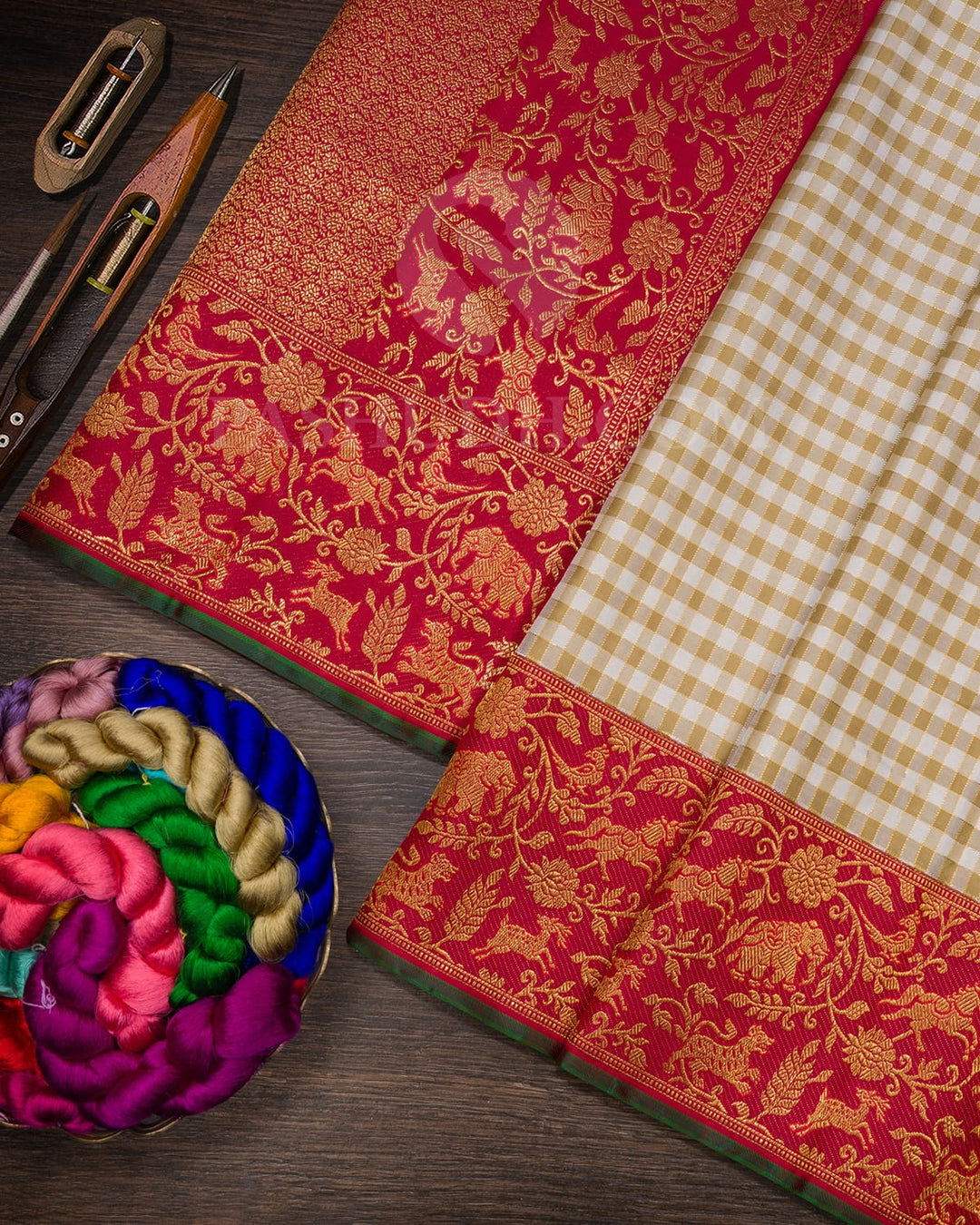 Half White,Beige And Maroon Kanjivaram Silk Saree-S1611(A)