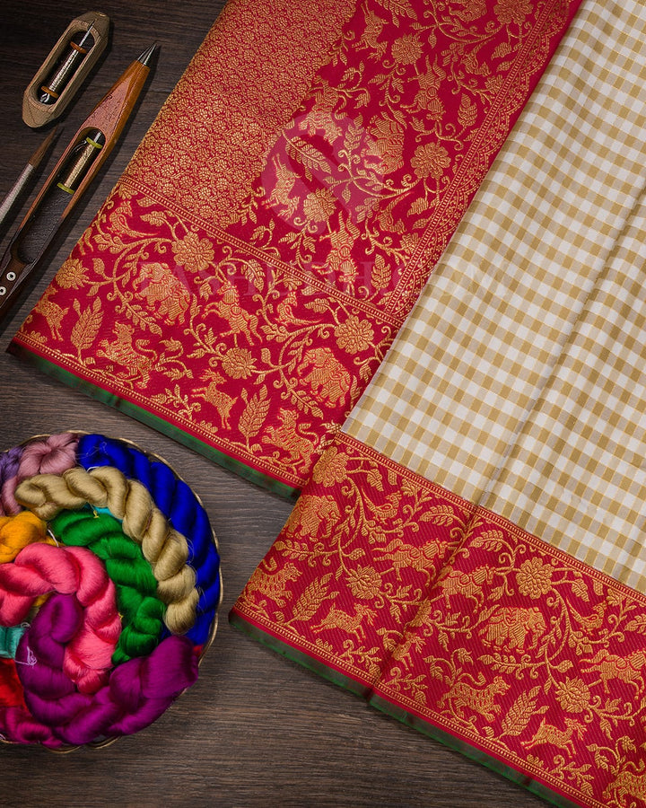 Half White,Beige And Maroon Kanjivaram Silk Saree-S1611(A)