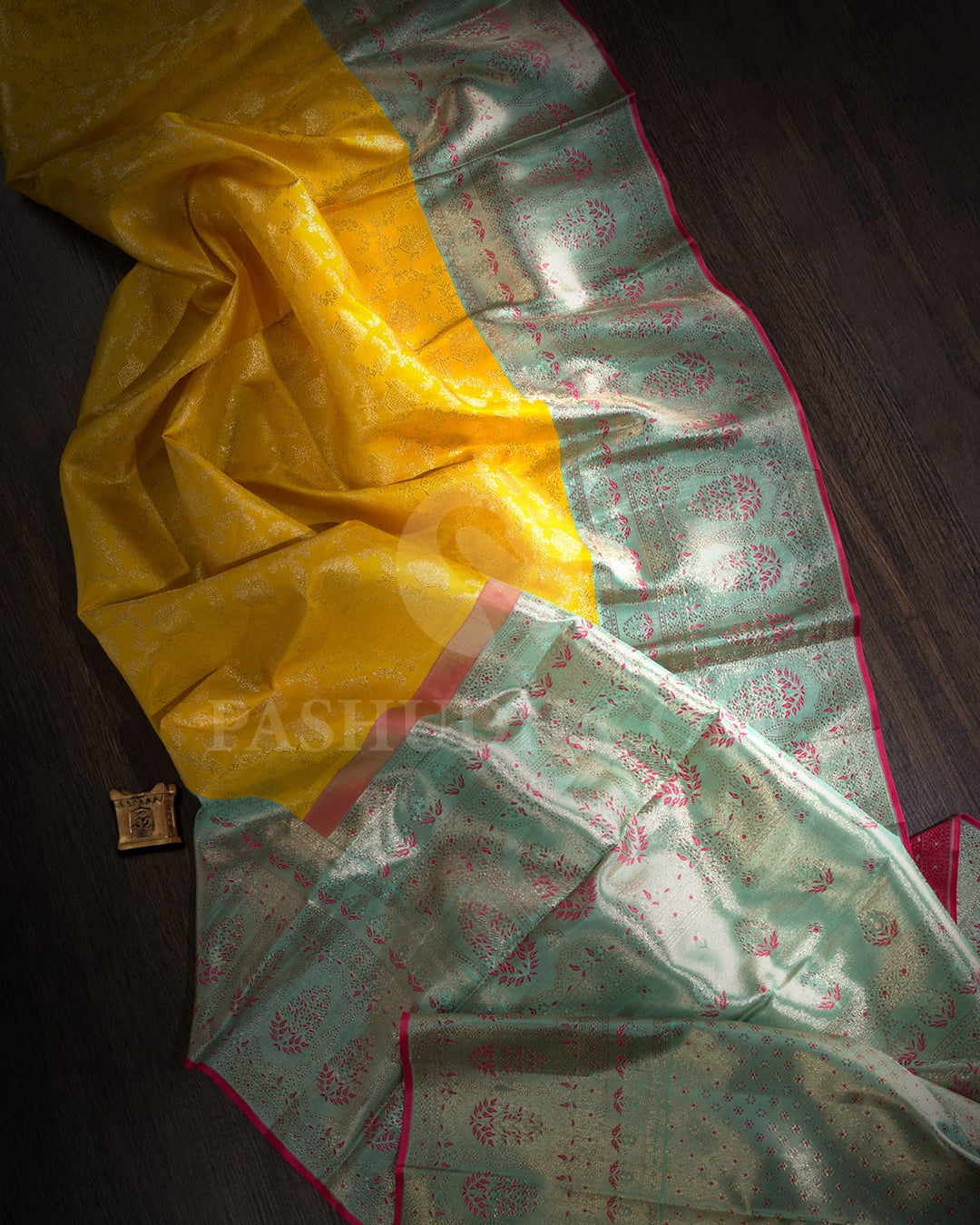 Tuscany Yellow And Powder Blue Kanjivaram Silk Saree-S1037(F)
