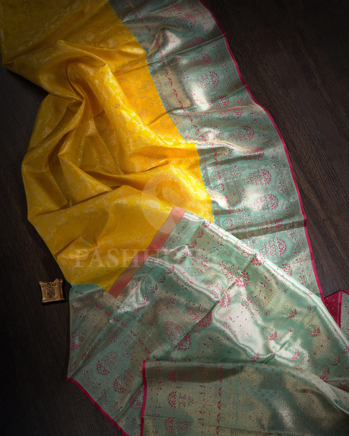 Tuscany Yellow And Powder Blue Kanjivaram Silk Saree-S1037(F)