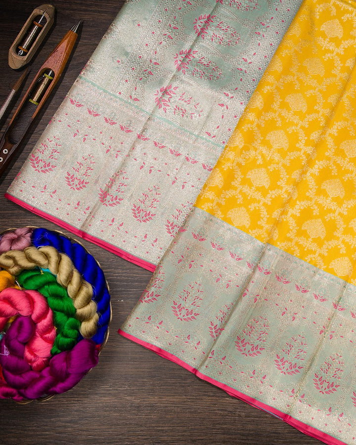 Tuscany Yellow And Powder Blue Kanjivaram Silk Saree-S1037(F)