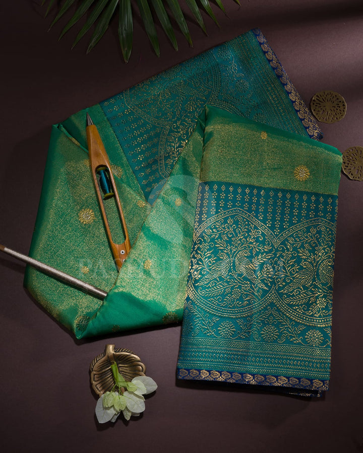 Emerald Green With Anandha Blue Bridal Shimmer Kanjivaram Silk Saree-S1607(A)