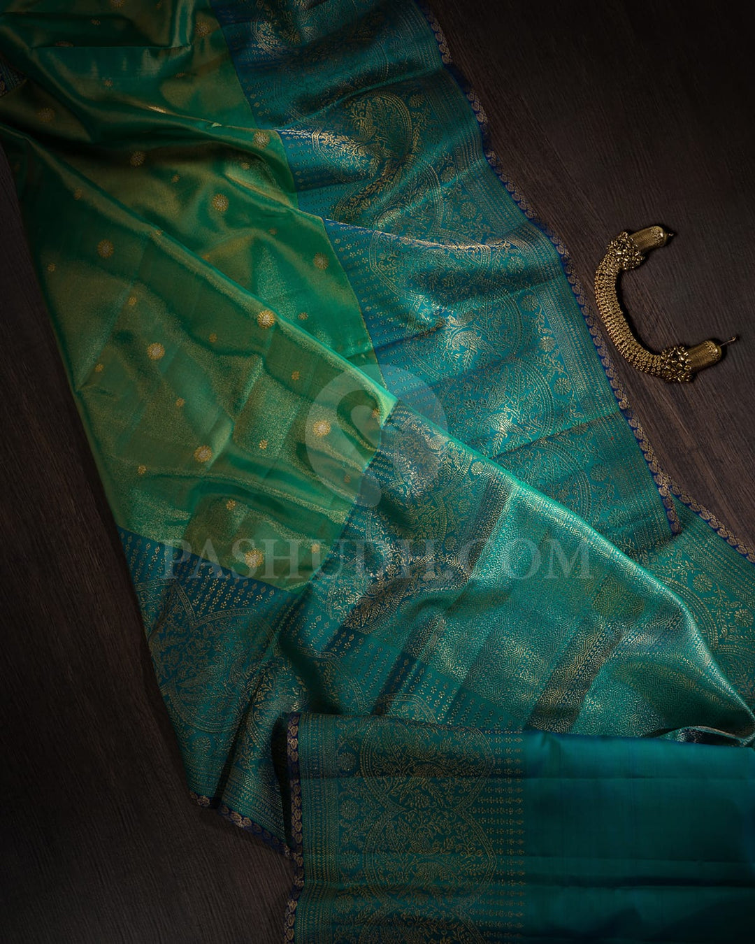 Emerald Green With Anandha Blue Bridal Shimmer Kanjivaram Silk Saree-S1607(A)