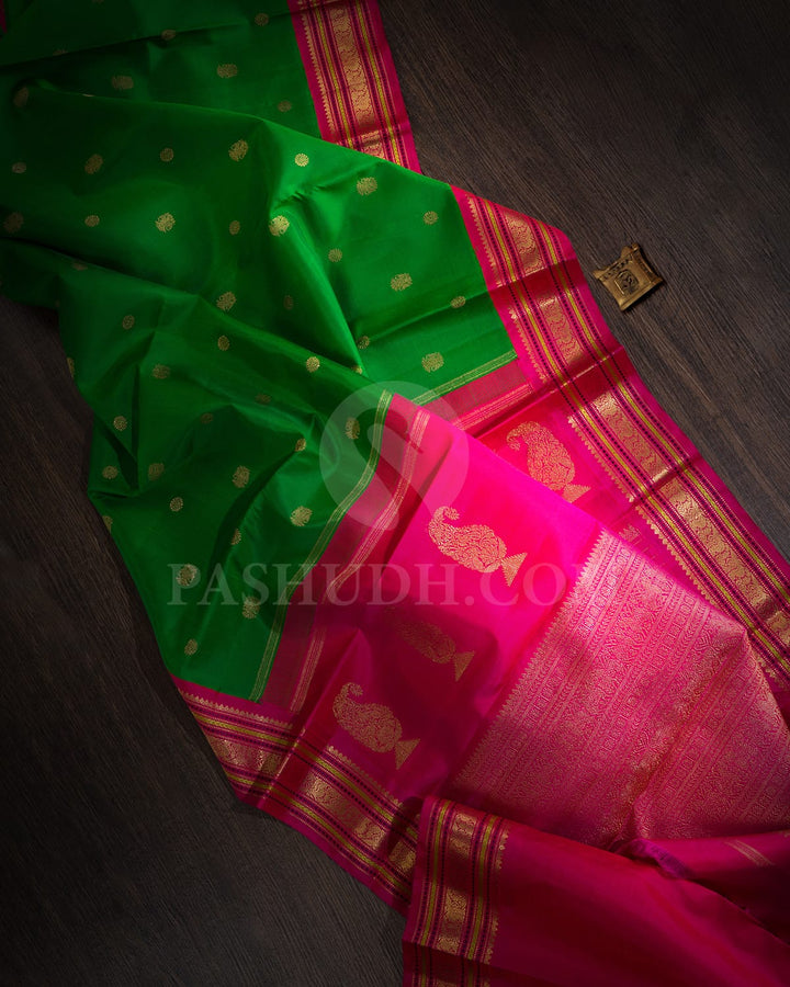 Parrot Green With Rani Pink Pure Zari Kanjivaram Silk Saree-SP359