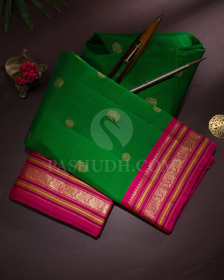 Parrot Green With Rani Pink Pure Zari Kanjivaram Silk Saree-SP359