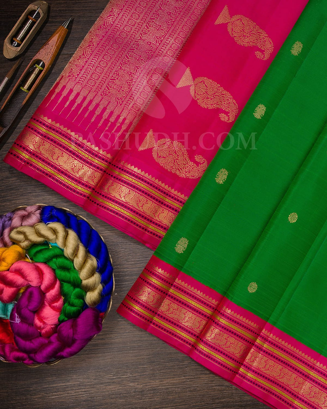 Parrot Green With Rani Pink Pure Zari Kanjivaram Silk Saree-SP359