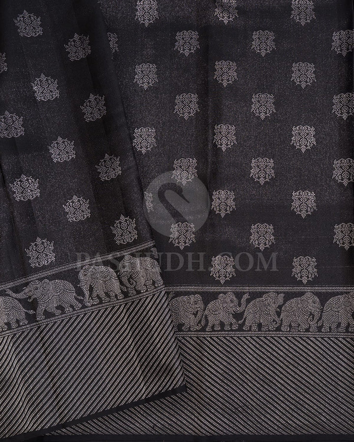 Silver Grey With Black Kanjivaram Silk Saree-D666(A)