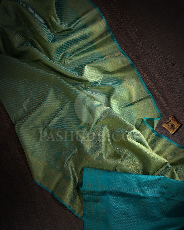 Dual Shaded Blue Green With Sky Blue Kanjivaram Silk Saree-D665(A)