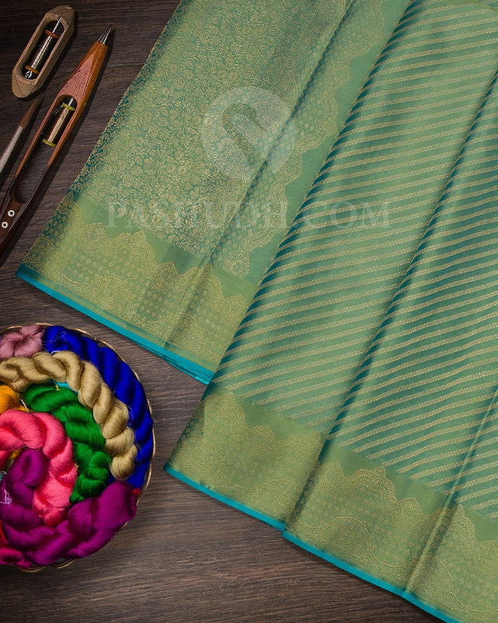 Dual Shaded Blue Green With Sky Blue Kanjivaram Silk Saree-D665(A)