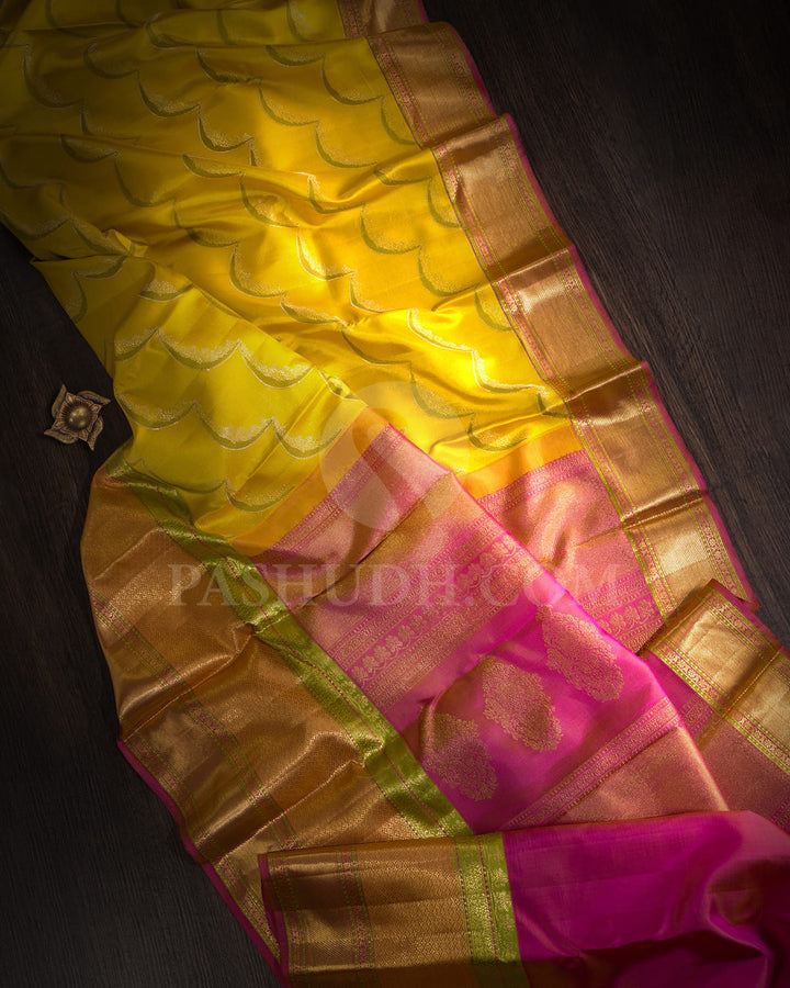 Tuscany Yellow And Bright Pink Kanjivaram Silk Saree-D660(B)