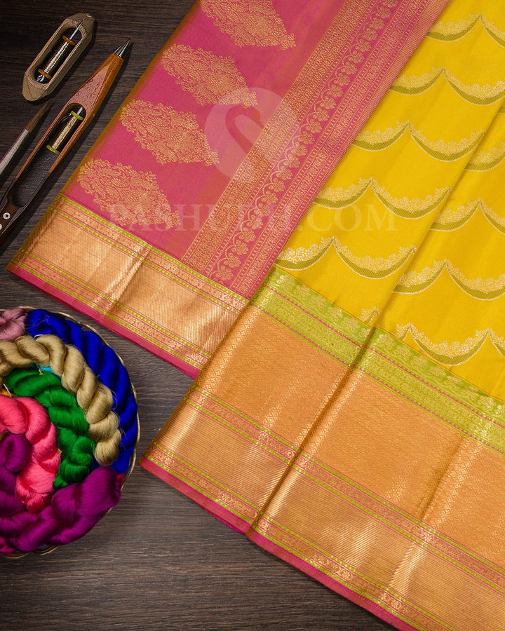 Tuscany Yellow And Bright Pink Kanjivaram Silk Saree-D660(B)