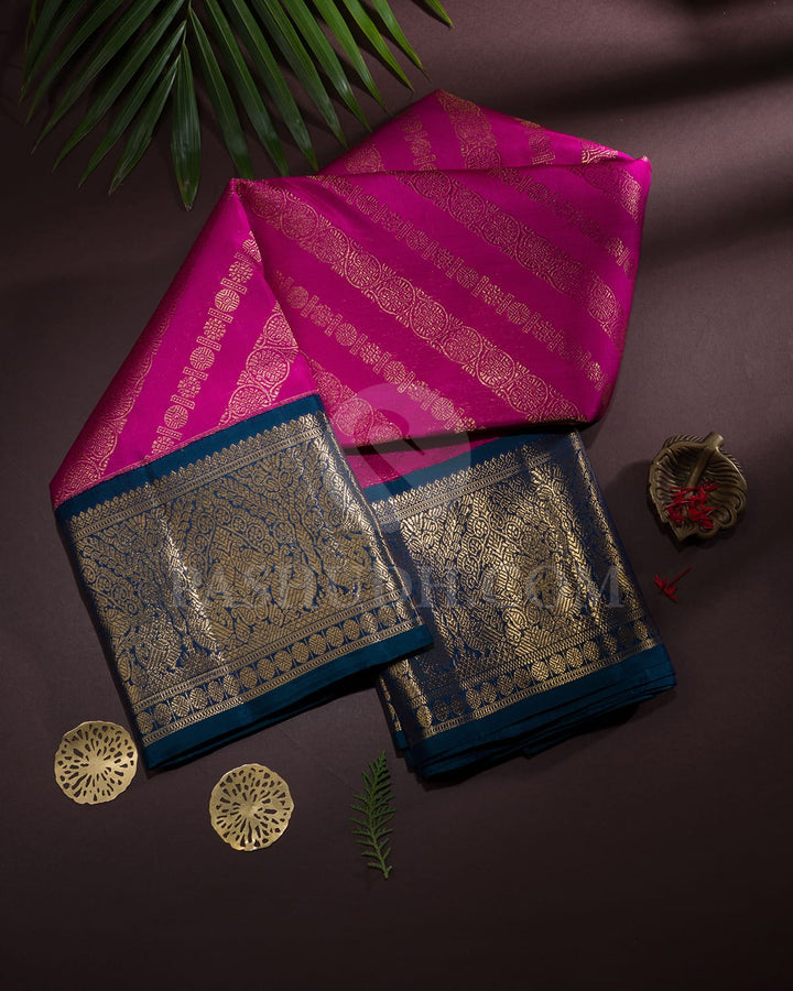 Bright Rani Pink With Cobalt Blue Bridal Kanjivaram Silk Saree-SP356