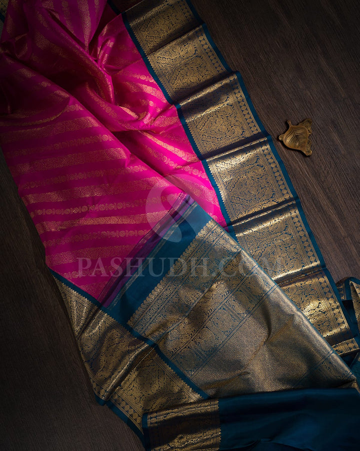 Bright Rani Pink With Cobalt Blue Bridal Kanjivaram Silk Saree-SP356