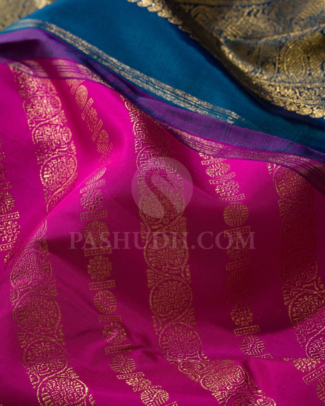 Bright Rani Pink With Cobalt Blue Bridal Kanjivaram Silk Saree-SP356