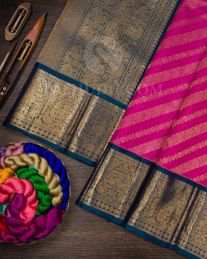 Bright Rani Pink With Cobalt Blue Bridal Kanjivaram Silk Saree-SP356
