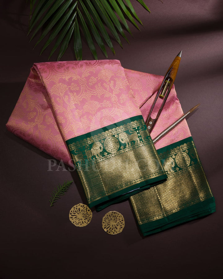 Baby Pink With Forest Green Kanjivaram Silk Saree-SP357