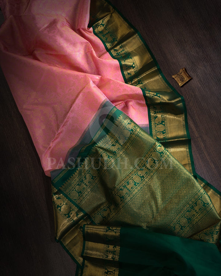 Baby Pink With Forest Green Kanjivaram Silk Saree-SP357