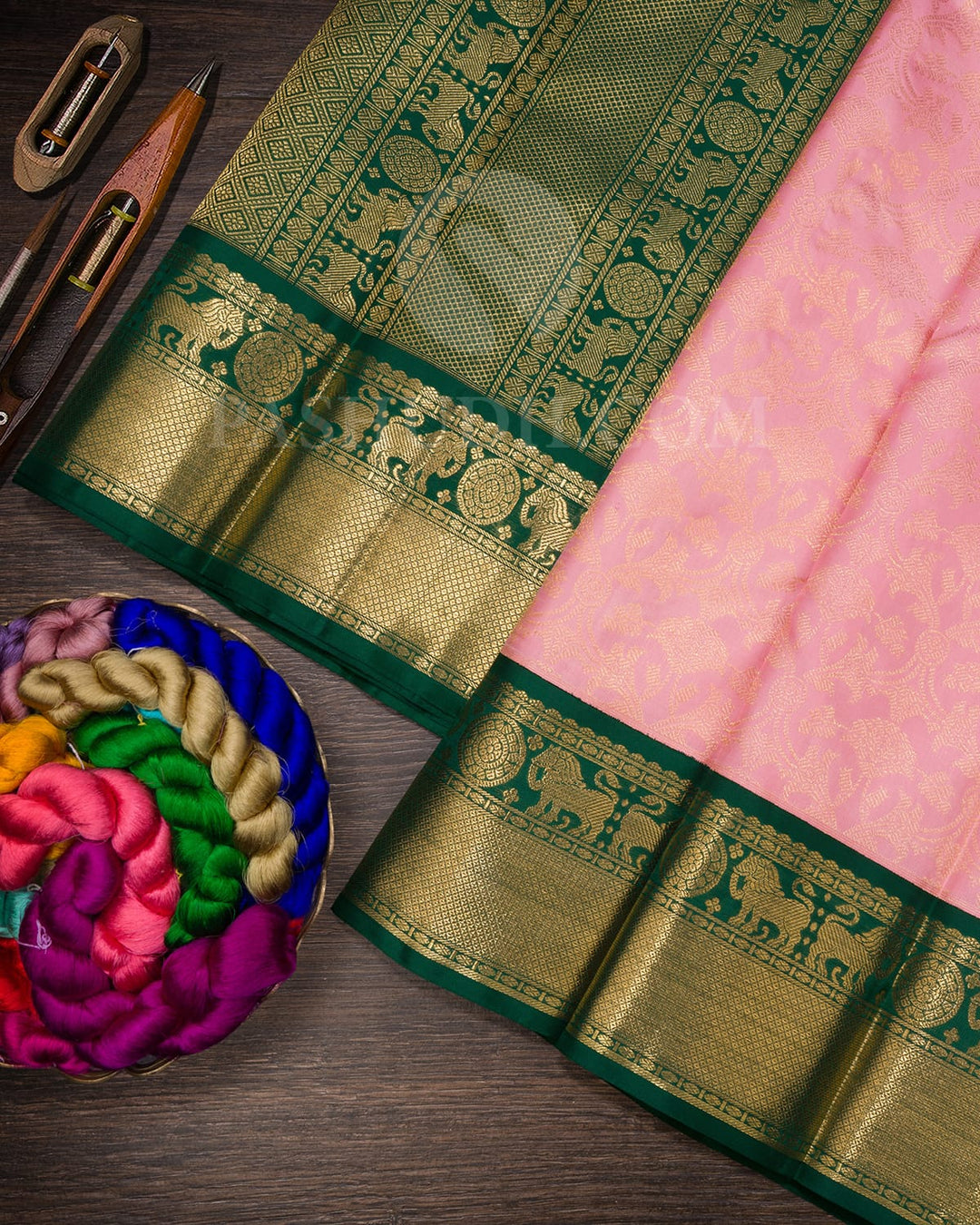 Baby Pink With Forest Green Kanjivaram Silk Saree-SP357