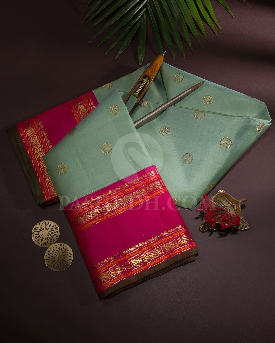 Mint Green With Rani Pink Pure Zari Kanjivaram Silk Saree-SP360
