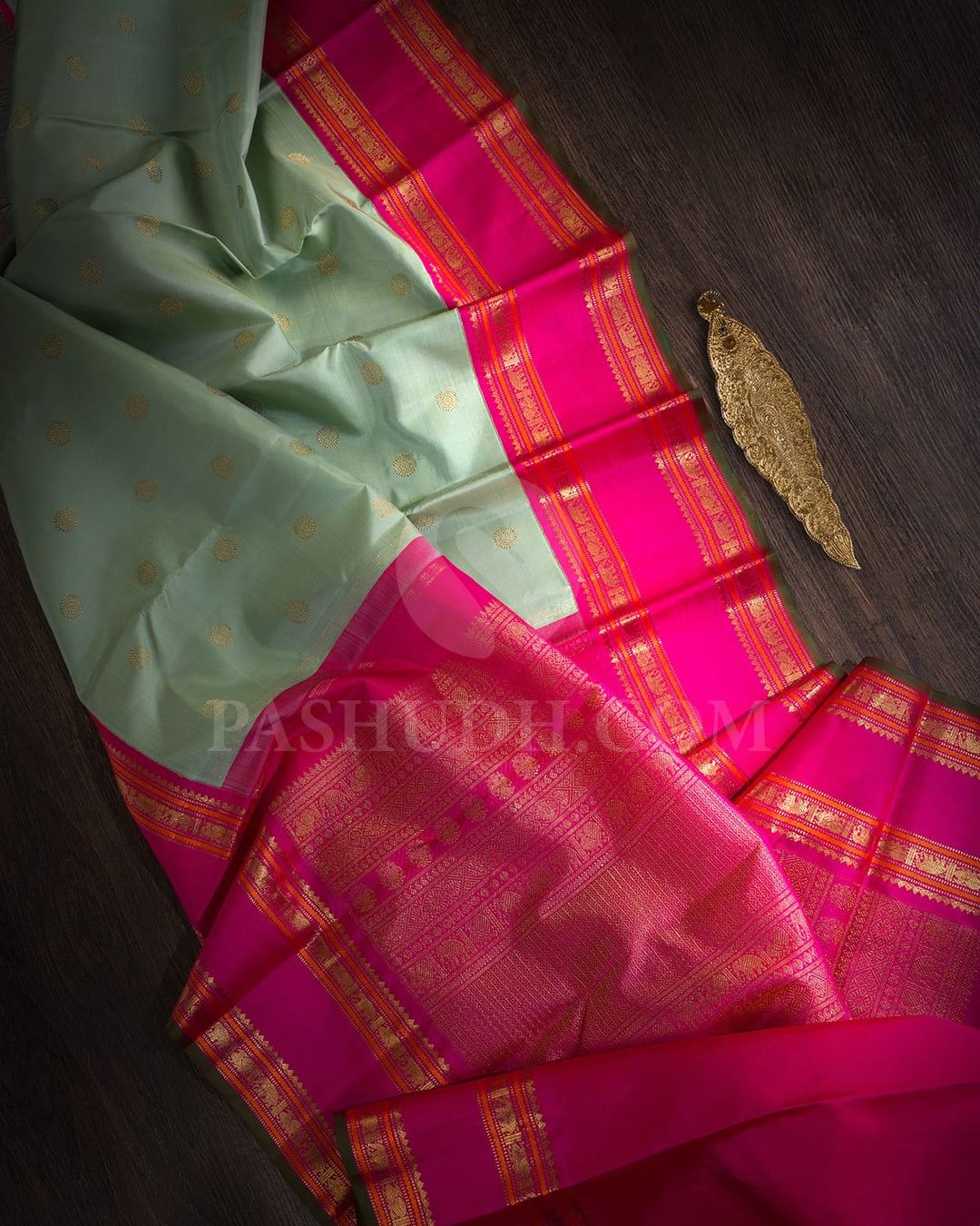Mint Green With Rani Pink Pure Zari Kanjivaram Silk Saree-SP360