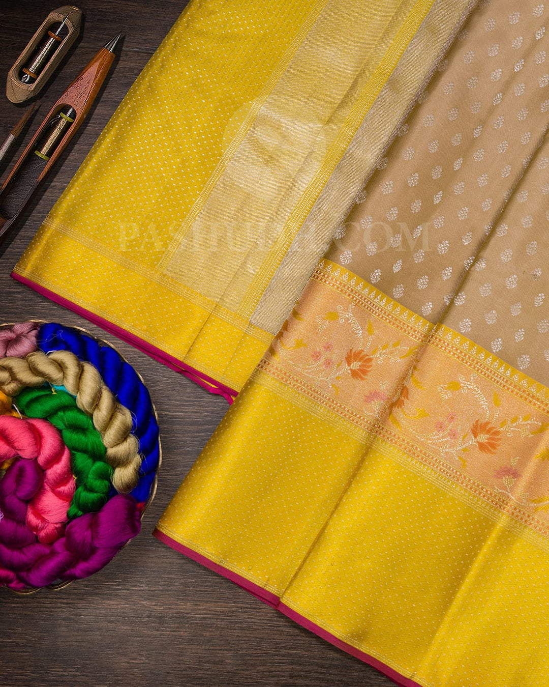Golden Beige With Yellow Kanjivaram Silk Saree-D663(B)