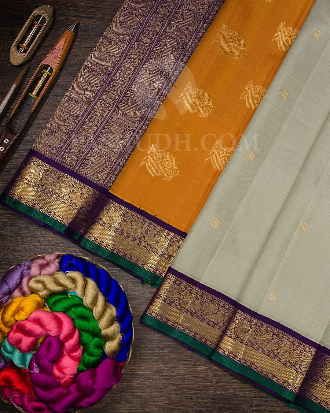 Sage Green With Royal Blue Pure Zari Kanjivaram Silk Saree-SP370