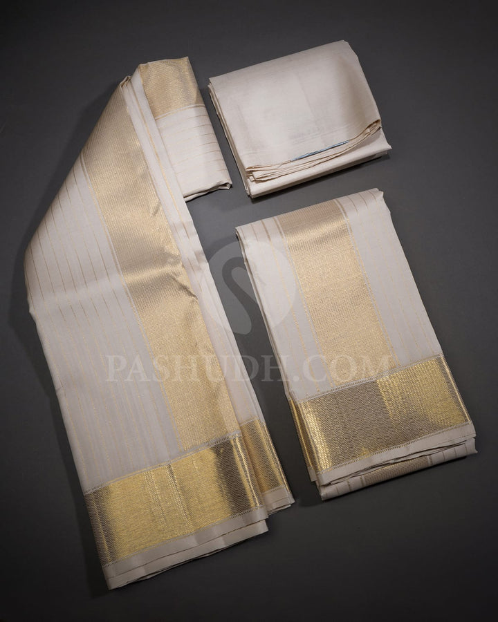 Half White Pure Silk Dhothi Set With Half White Shirt-V39