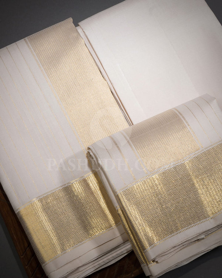 Half White Pure Silk Dhothi Set With Half White Shirt-V39