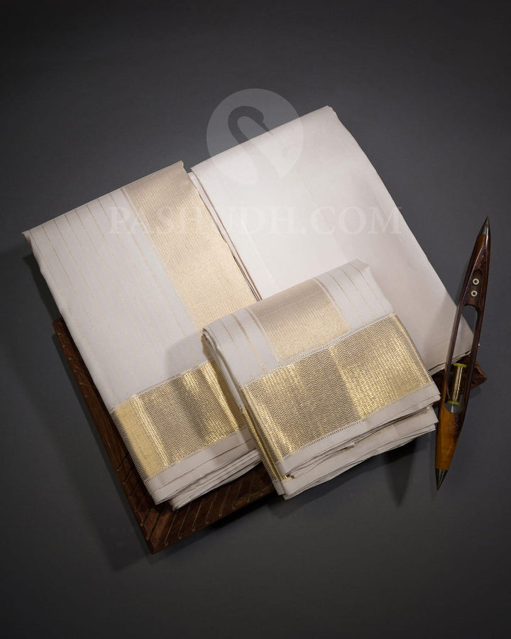 Half White Pure Silk Dhothi Set With Half White Shirt-V39