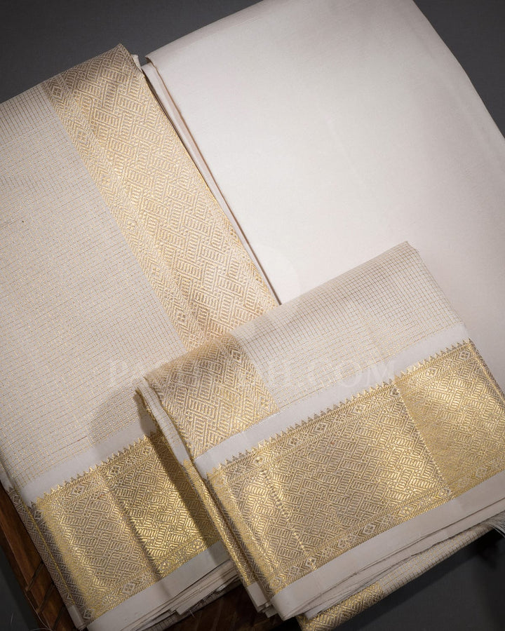 Half White Pure Silk Dhothi Set With Half White Shirt-V37