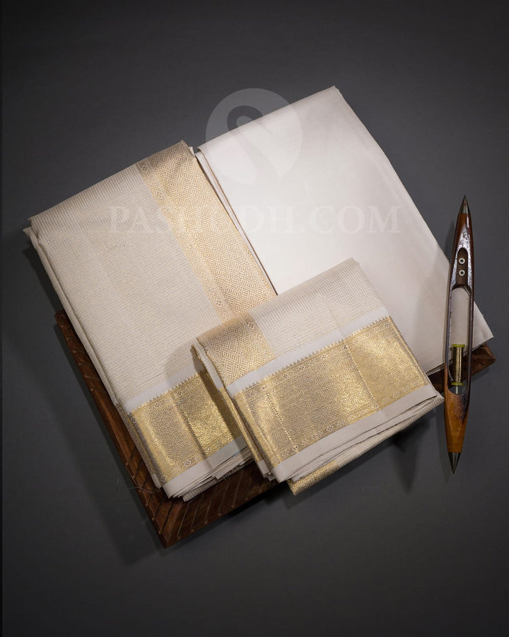 Half White Pure Silk Dhothi Set With Half White Shirt-V37