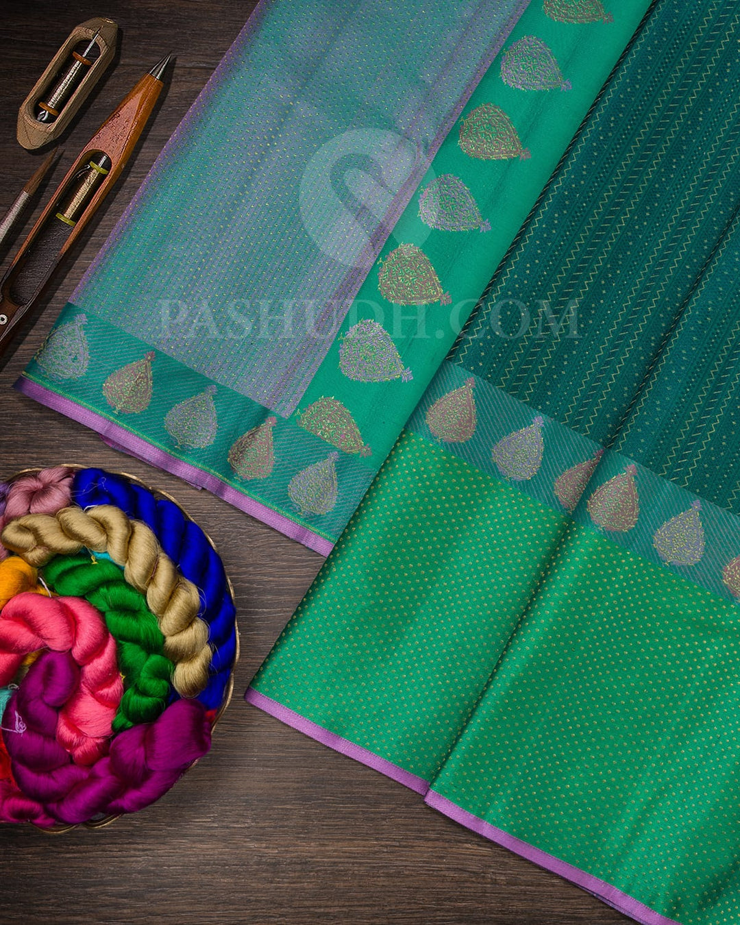 Emerald Green With Light Green Kanjivaram Silk Saree-DJ408(B)