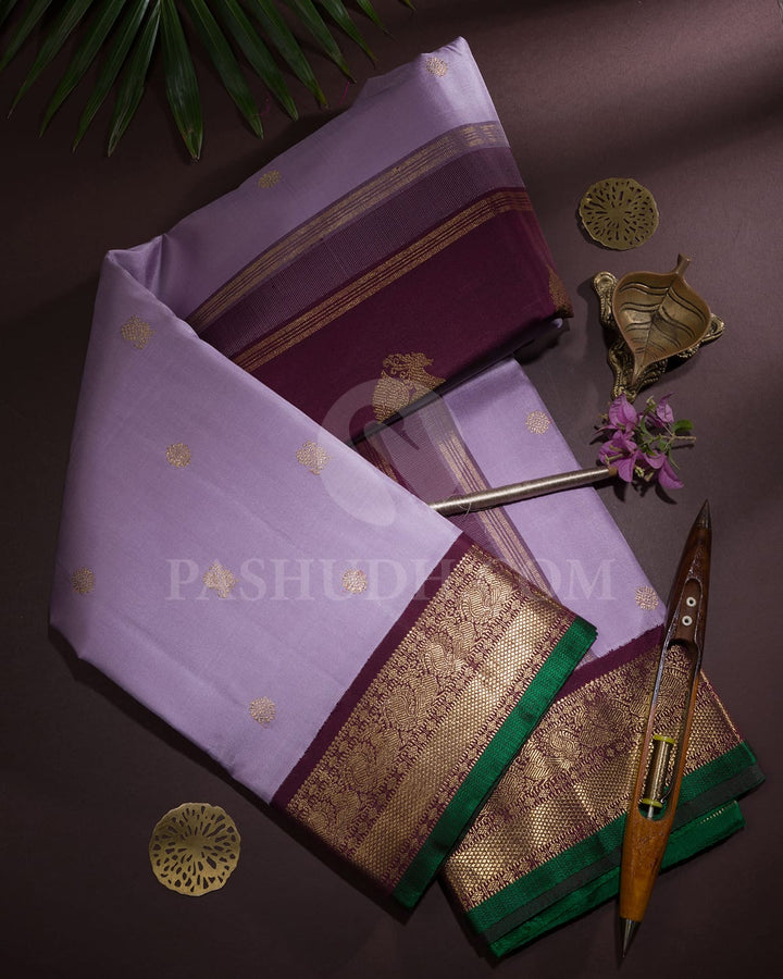 Lavender,Paaku,Emerald Green Pure Zari Kanjivaram Silk Saree-SP368