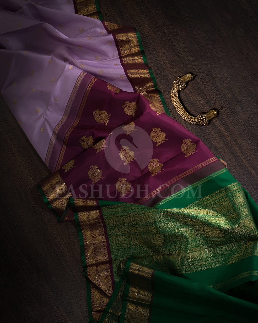 Lavender,Paaku,Emerald Green Pure Zari Kanjivaram Silk Saree-SP368