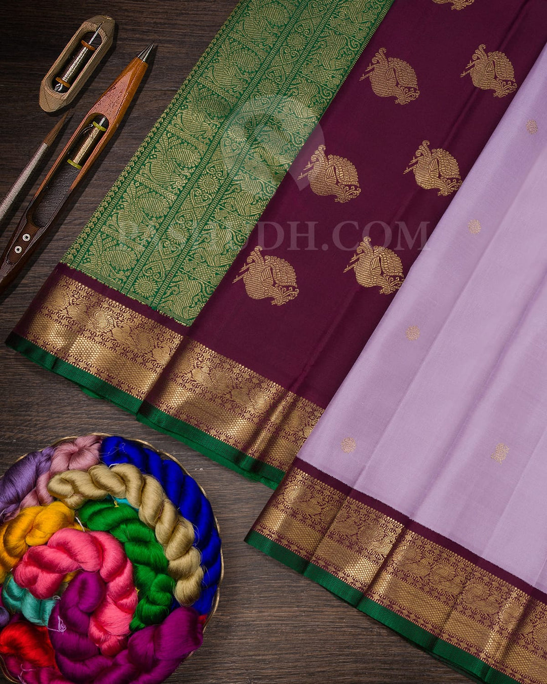 Lavender,Paaku,Emerald Green Pure Zari Kanjivaram Silk Saree-SP368