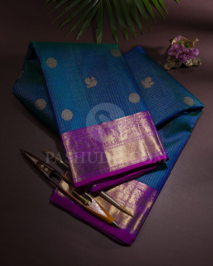 Peacock Blue With Magenta Vairaoosi Kanjivaram Silk Saree-SP366