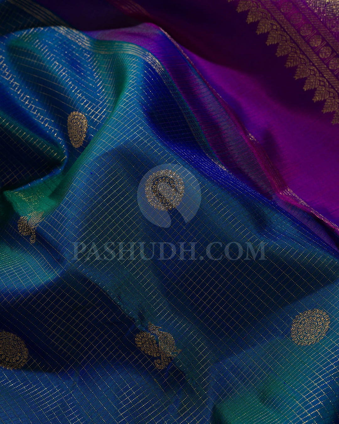 Peacock Blue With Magenta Vairaoosi Kanjivaram Silk Saree-SP366