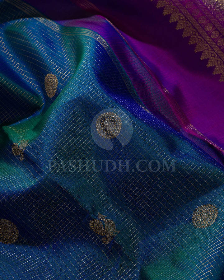Peacock Blue With Magenta Vairaoosi Kanjivaram Silk Saree-SP366