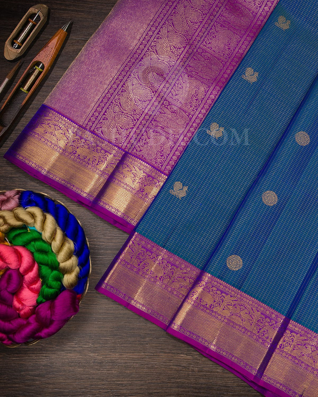 Peacock Blue With Magenta Vairaoosi Kanjivaram Silk Saree-SP366