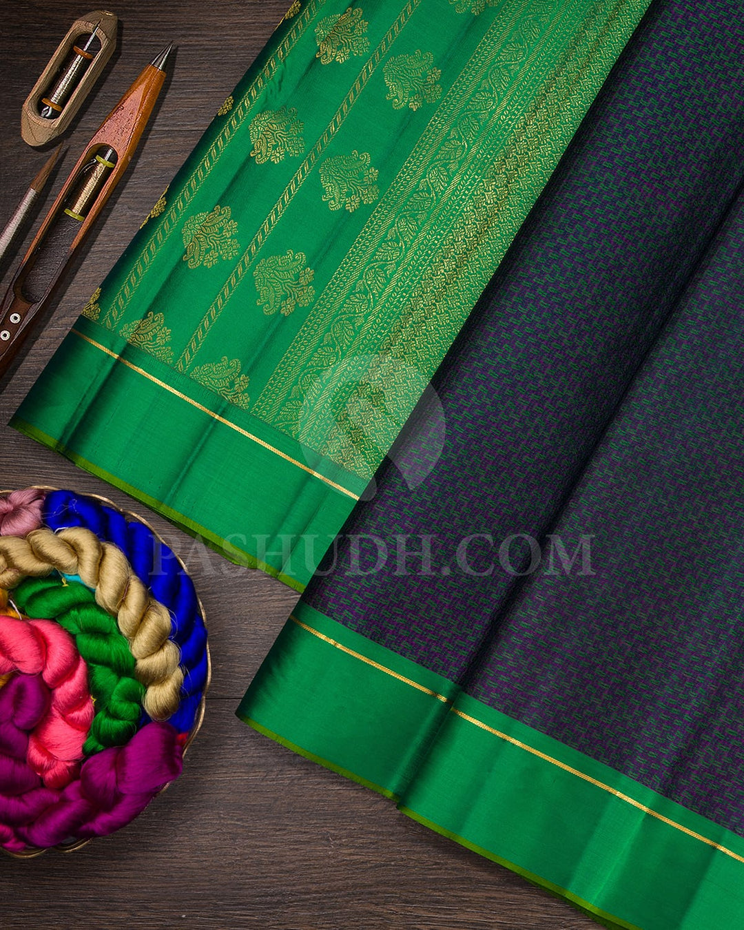 Emerald Green,Pink And Royal Blue Kanjivaram Silk Saree-DJ417(A)